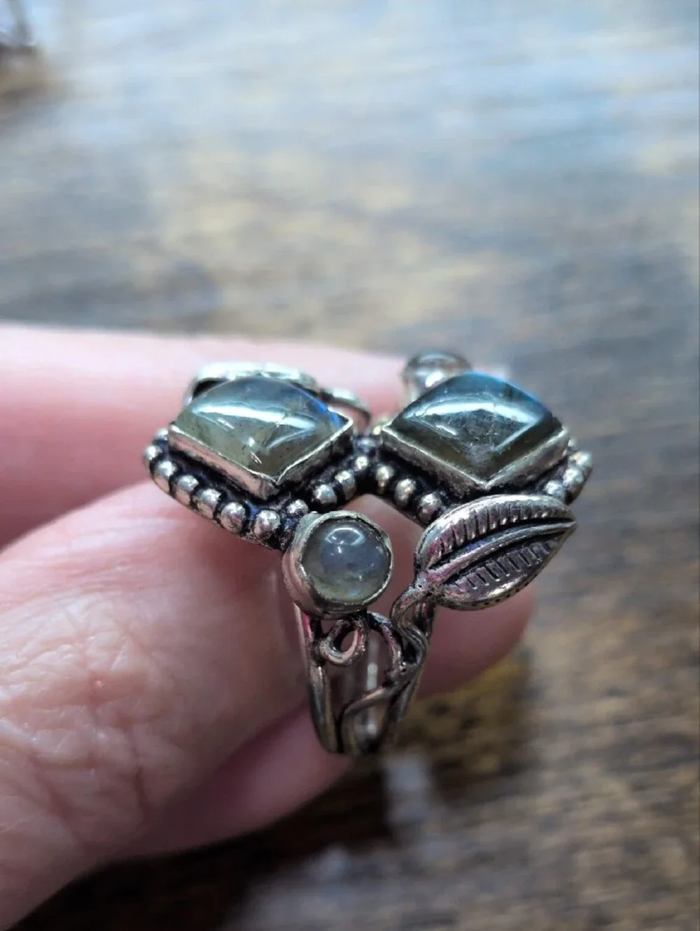 Labradorite Double Square Statement Ring - Silver Leaf Design